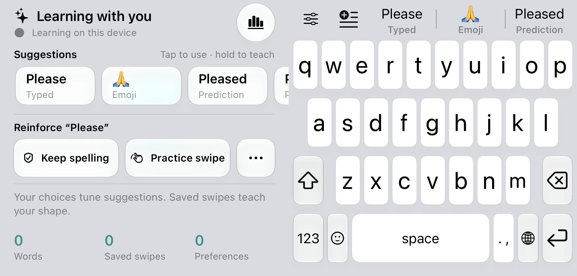 FliqKey in light appearance: a Learning with you panel with Keep spelling and Practice swipe beside the native keyboard.