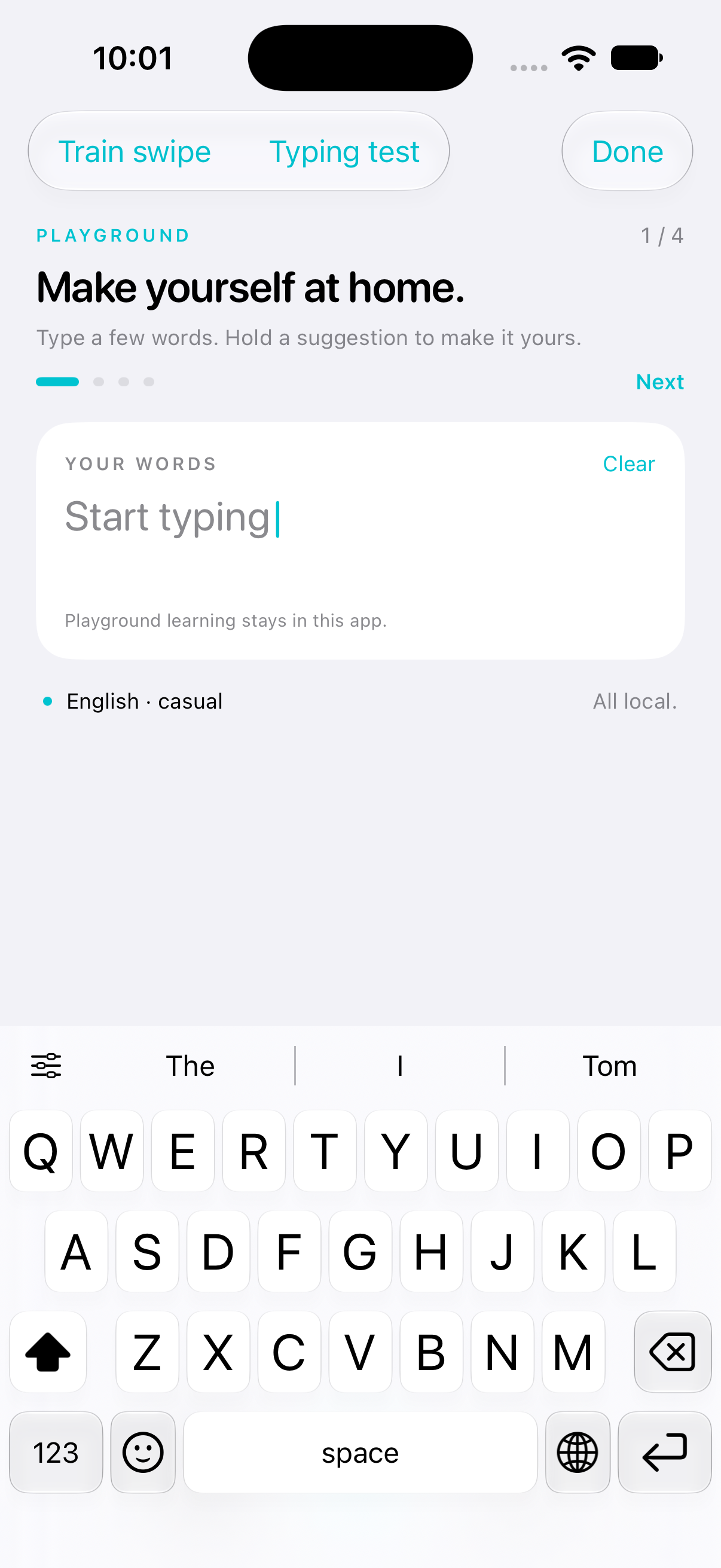 The real FliqKey iOS Playground, with cyan controls, a Your Words card, and its native glass keyboard.